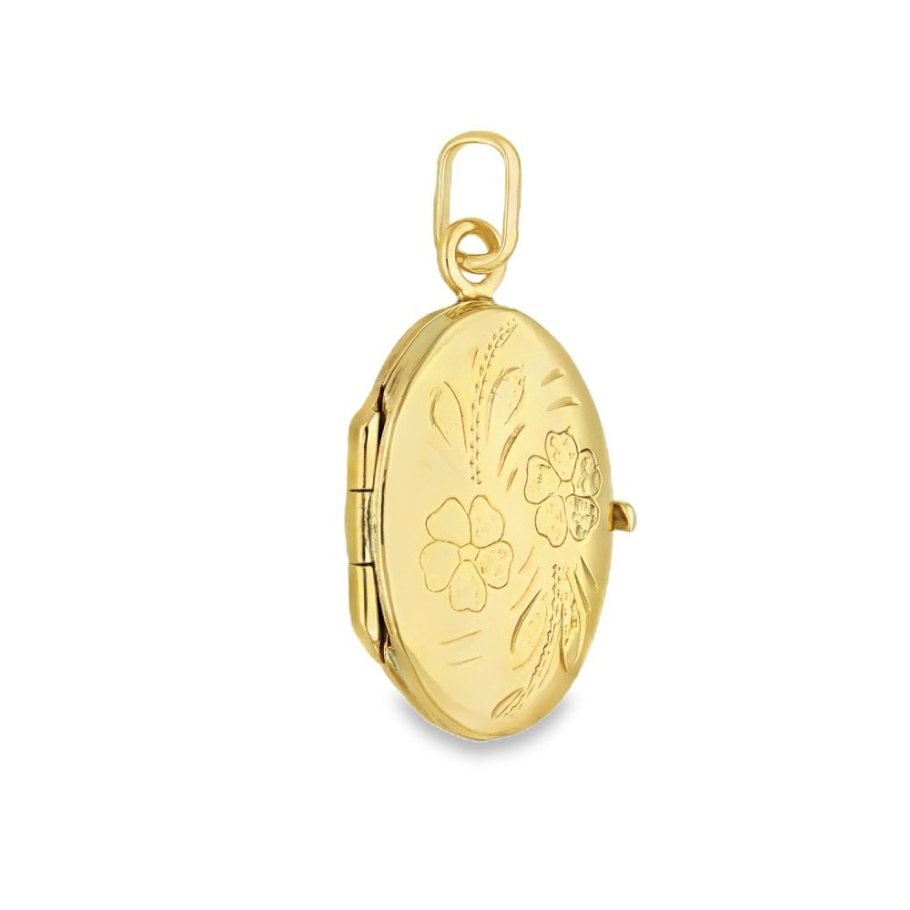 9ct Yellow Gold Flower-Engraved Oval Locket - 14x20x5mm - 2.7g
