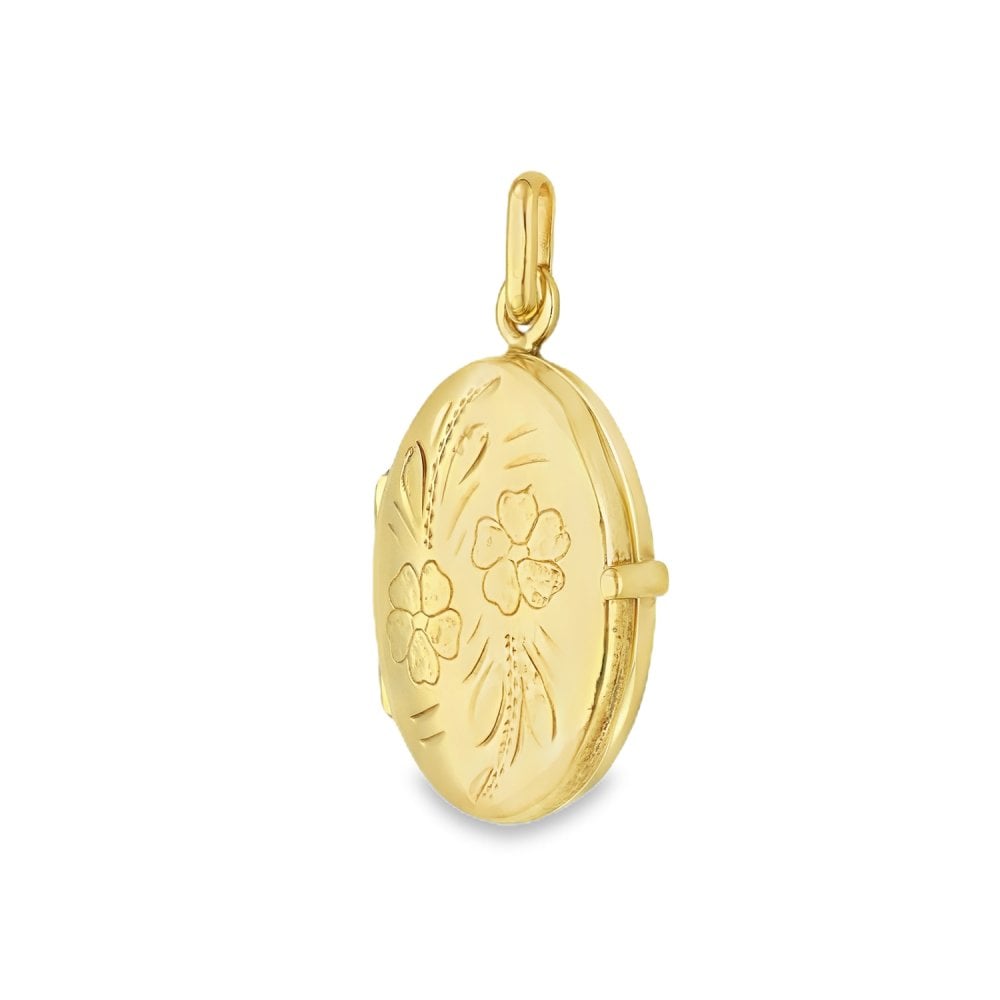 9ct Yellow Gold Flower-Engraved Oval Locket - 14x20x5mm - 2.7g