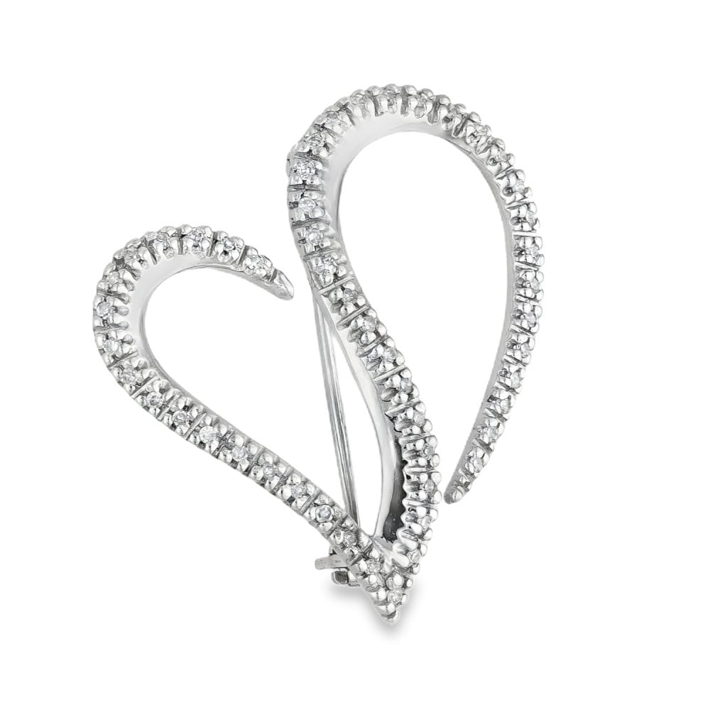 9ct White Gold Diamond Heart Brooch - 25x27mm - 0.15ct
