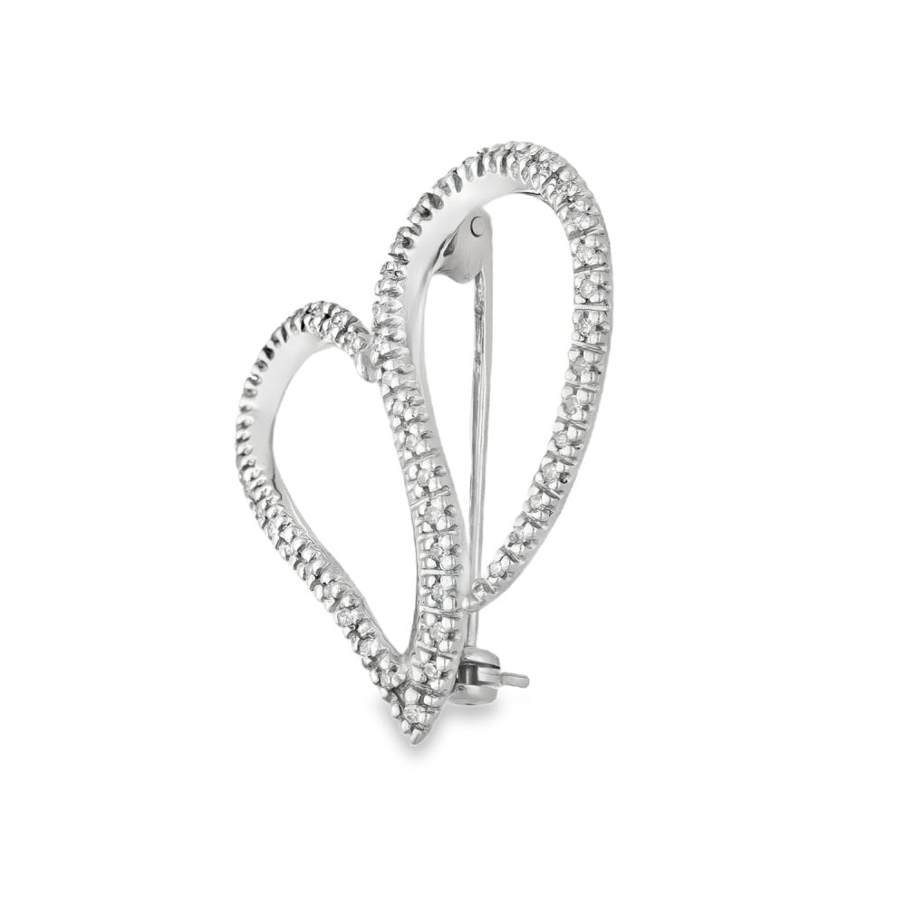 9ct White Gold Diamond Heart Brooch - 25x27mm - 0.15ct