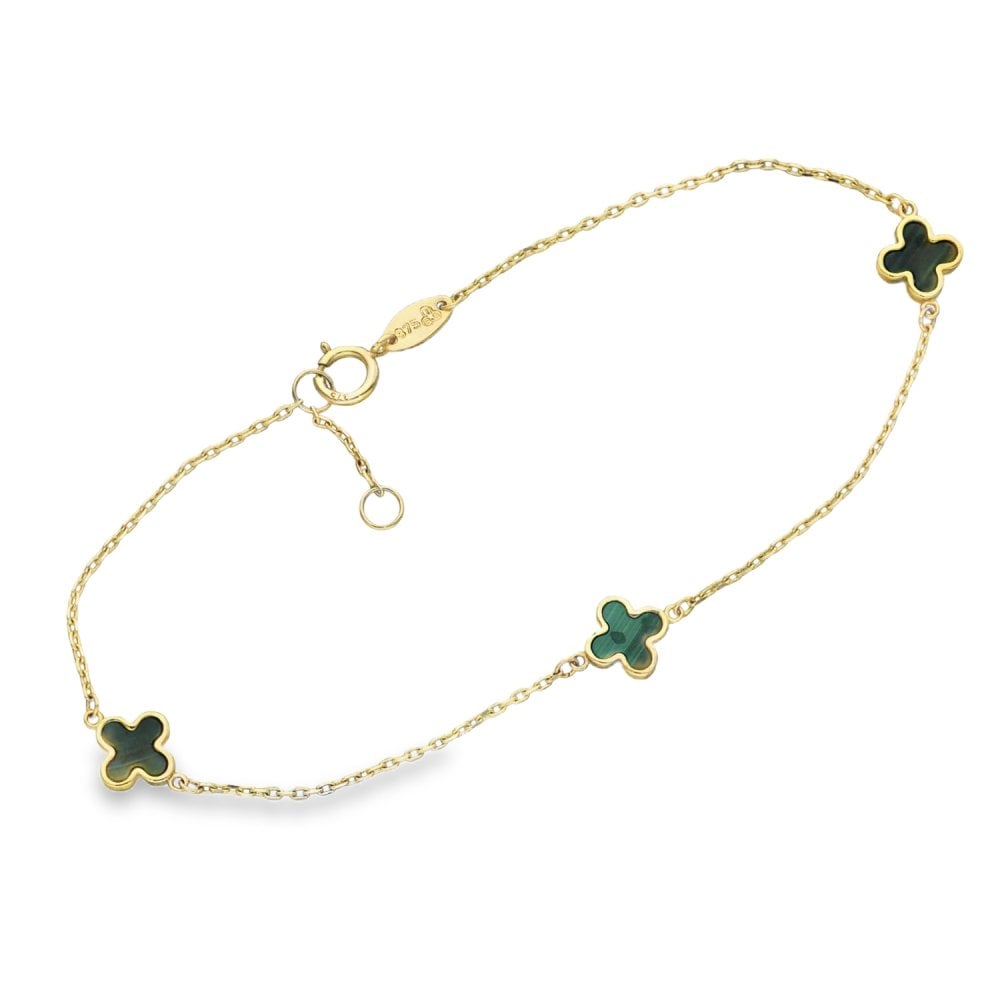 9ct Yellow Gold 3x Malachite Clover Bracelet - 7/7.5" - 1.4g