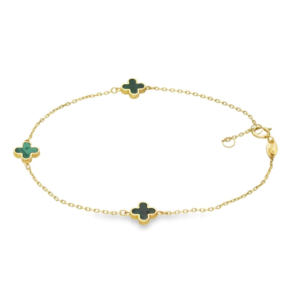 9ct Yellow Gold 3x Malachite Clover Bracelet - 7/7.5" - 1.4g