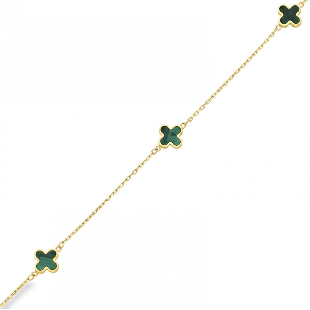 9ct Yellow Gold 3x Malachite Clover Bracelet - 7/7.5" - 1.4g