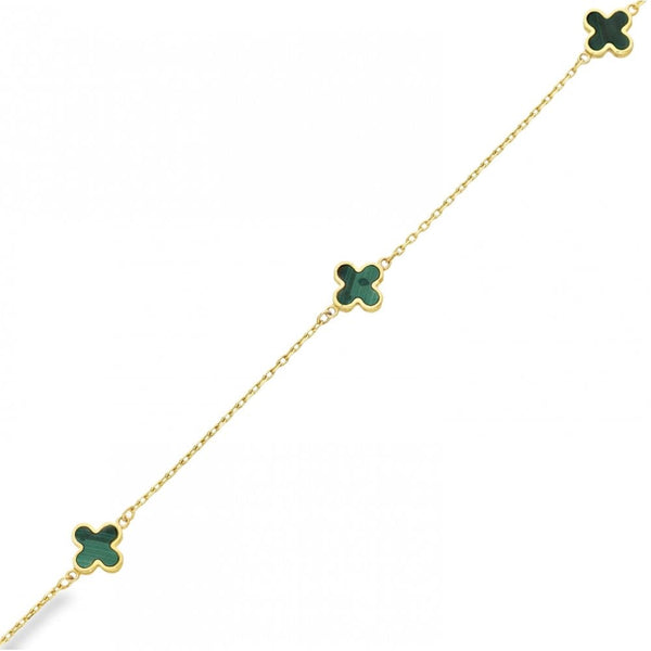 9ct Yellow Gold 3x Malachite Clover Bracelet - 7/7.5" - 1.4g