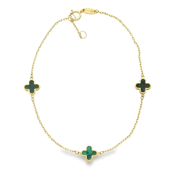 9ct Yellow Gold 3x Malachite Clover Bracelet - 7/7.5" - 1.4g