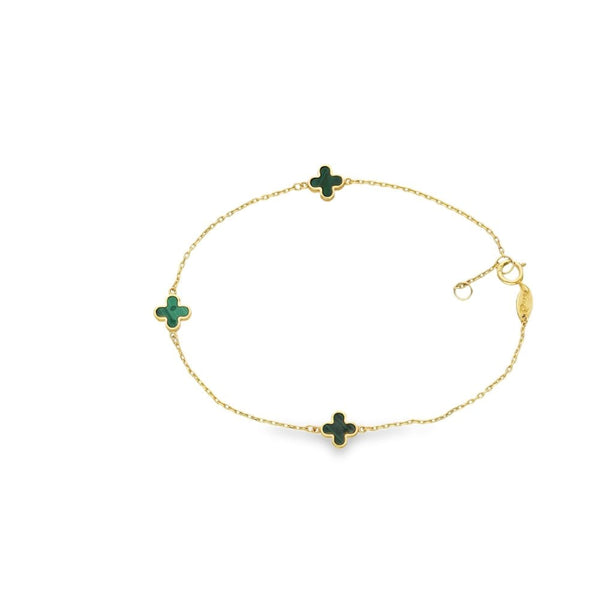 9ct Yellow Gold 3x Malachite Clover Bracelet - 7/7.5" - 1.4g