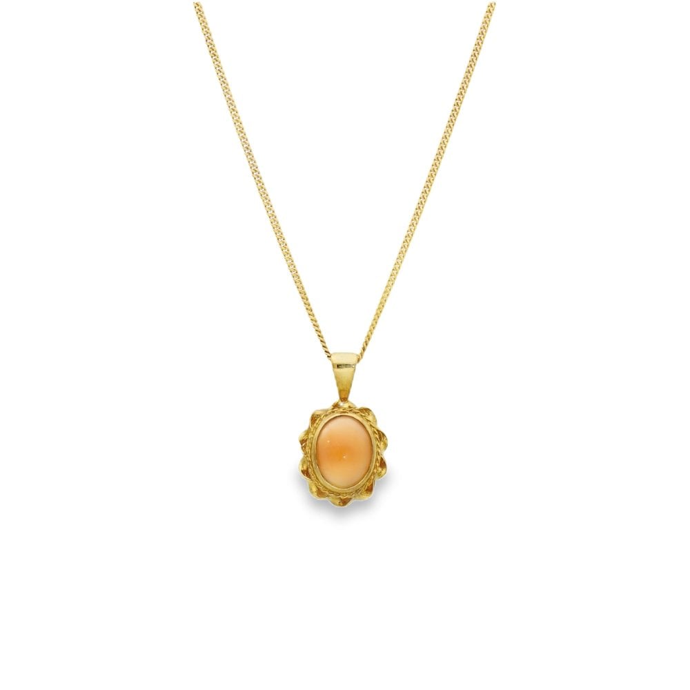 9ct Yellow Gold Twist Edge Coral Pendant & Chain - 18" - 3.0g