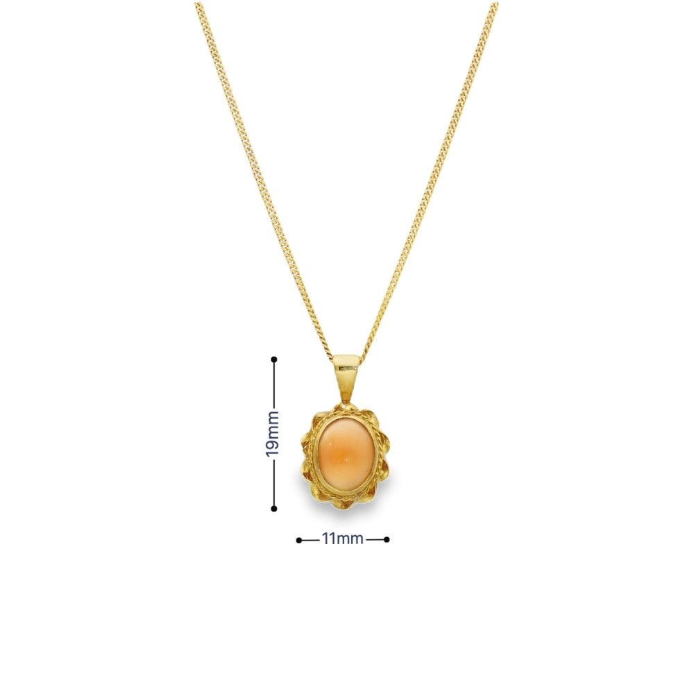 9ct Yellow Gold Twist Edge Coral Pendant & Chain - 18" - 3.0g