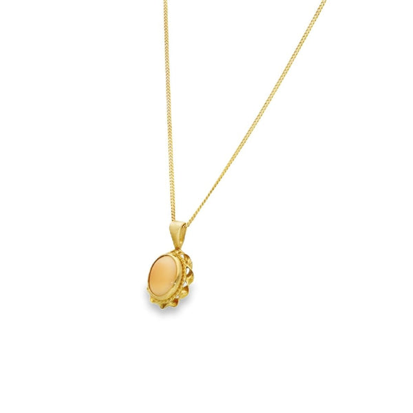 9ct Yellow Gold Twist Edge Coral Pendant & Chain - 18" - 3.0g