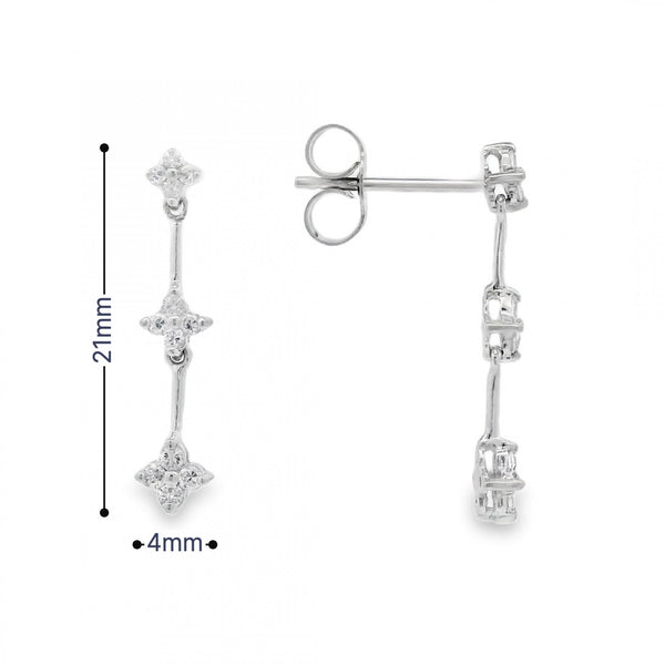 9ct White Gold Cubic Zirconia Cluster Drop Earrings - 4x21mm