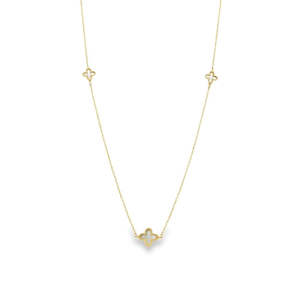 9ct Yellow Gold Mother of Pearl Clover Trace Necklace -17" -2.4g