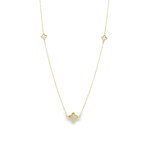 9ct Yellow Gold Mother of Pearl Clover Trace Necklace -17" -2.4g