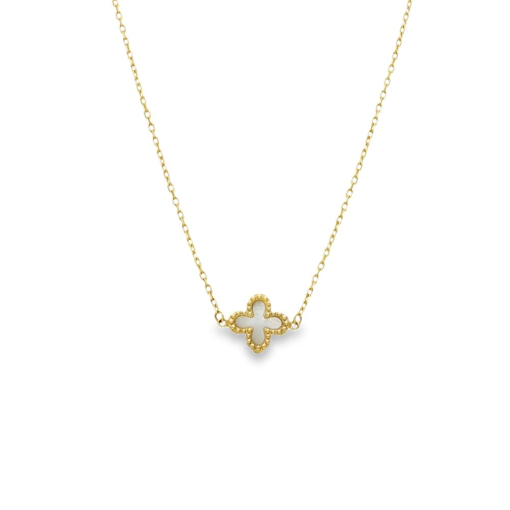 9ct Yellow Gold Mother of Pearl Clover Trace Necklace -17" -2.4g