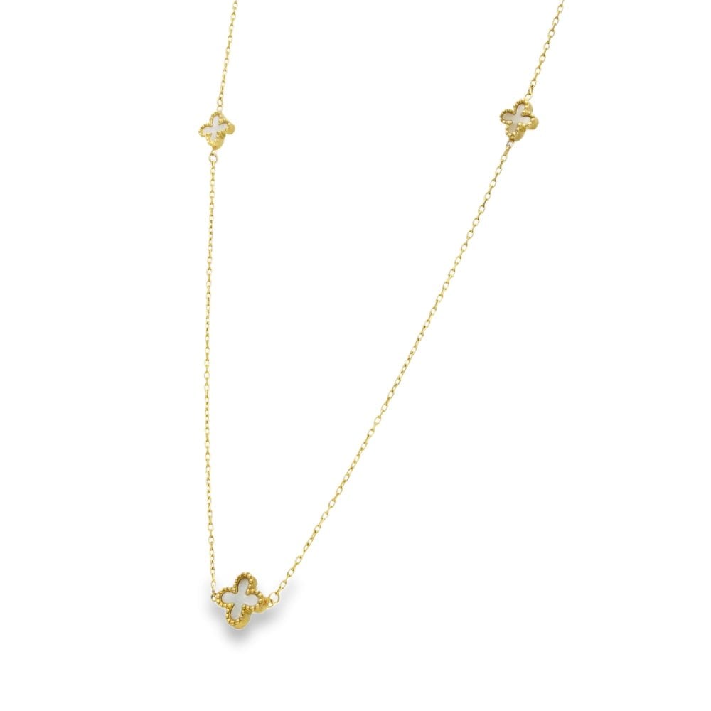 9ct Yellow Gold Mother of Pearl Clover Trace Necklace -17" -2.4g