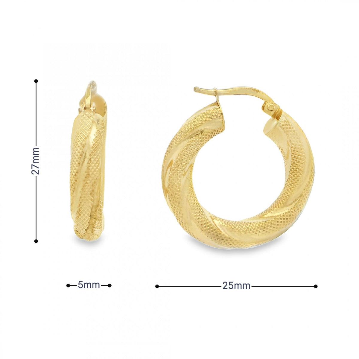 9ct Yellow Gold Twist Tube Hoop Earrings - 25x27x5mm - 3.2g