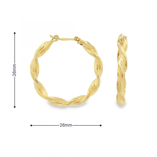 9ct Yellow Gold Ribbon Twist Hoop Earrings - 26x26mm - 2.3g