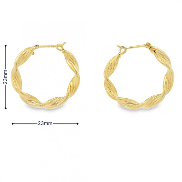 9ct Yellow Gold Twist Hoop Earrings - 23x23mm - 1.9g