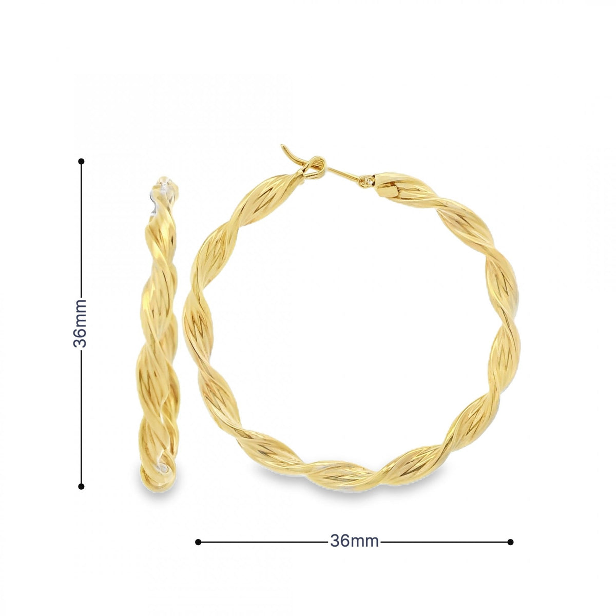 9ct Yellow Gold Twist Hoop Earrings - 36x36mm - 3.0g