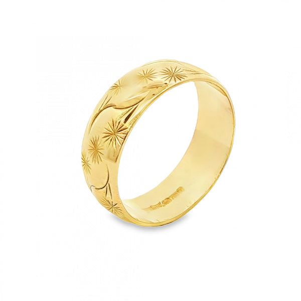 18ct Yellow Gold Floral Wedding Band - Size P - 7mm