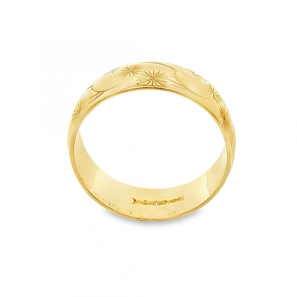 18ct Yellow Gold Floral Wedding Band - Size P - 7mm
