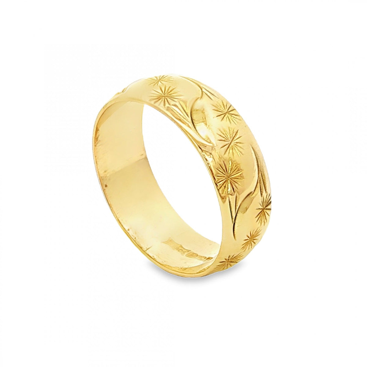 18ct Yellow Gold Floral Wedding Band - Size P - 7mm