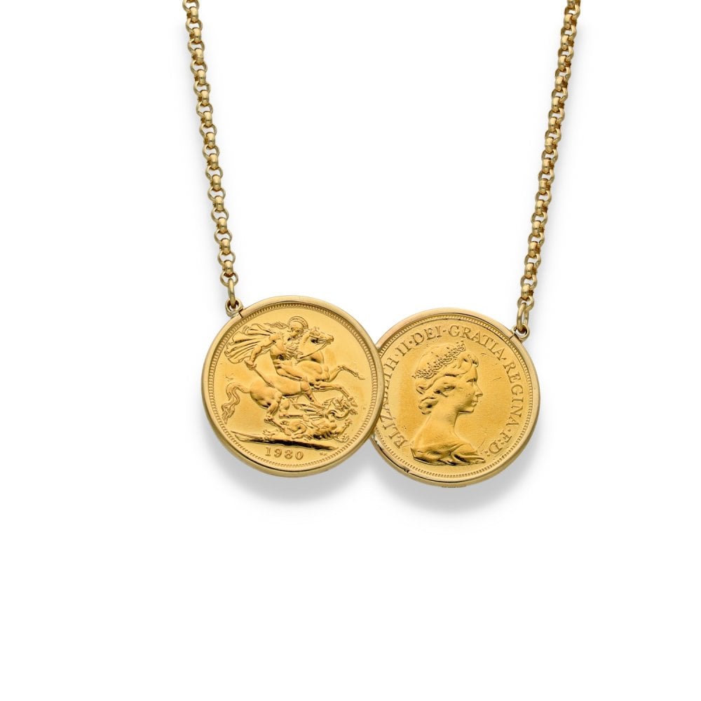 1979 & 1980 Gold Double Full Sovereign Coin Pendant - 18" -23.7g