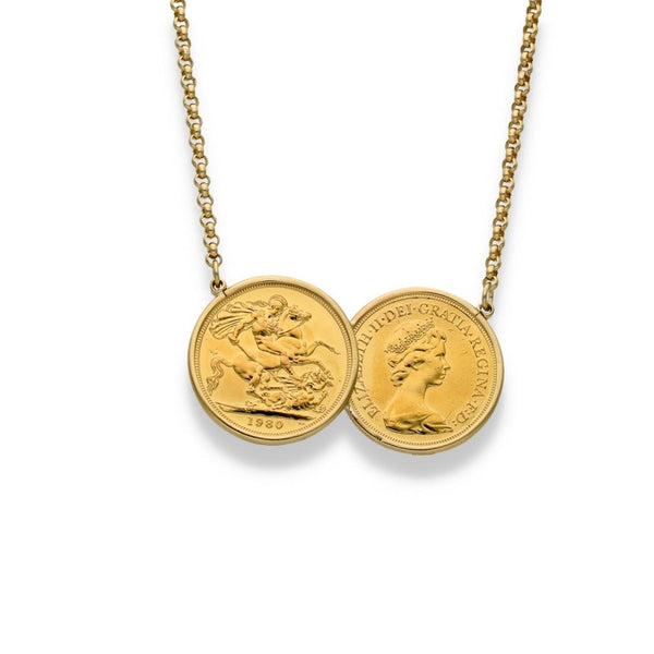 1979 & 1980 Gold Double Full Sovereign Coin Pendant - 18" -23.7g