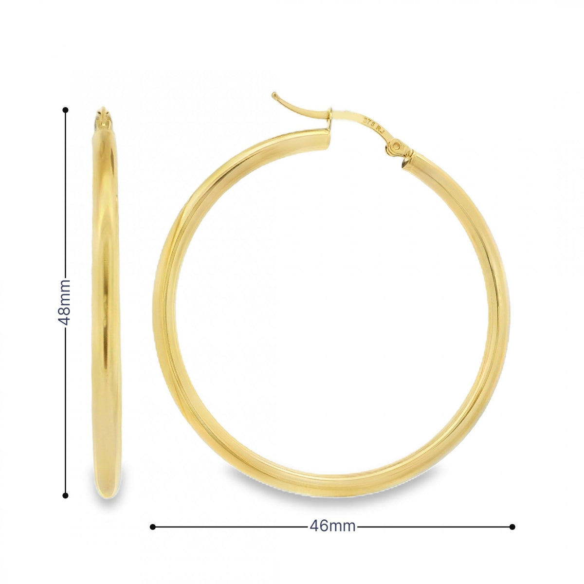 9ct Yellow Gold Tube Hoop Earrings - 46x48x3mm - 2.6g