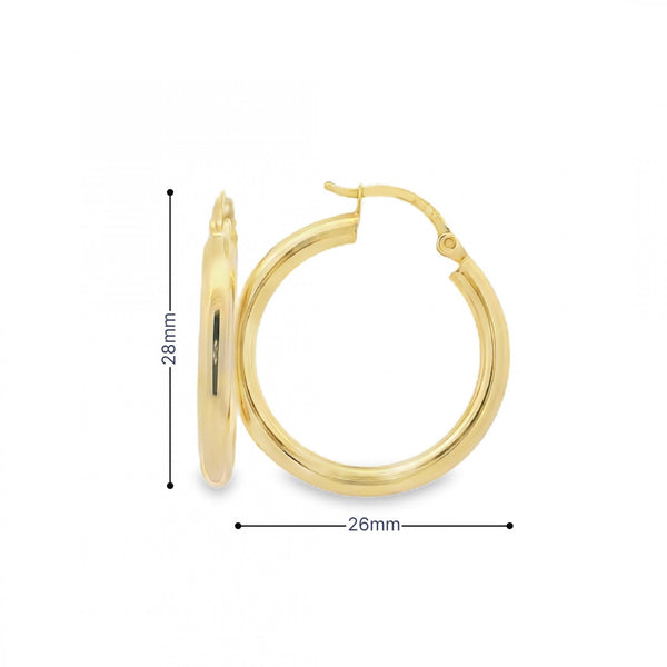 9ct Yellow Gold Tube Hoop Earrings - 26x28x3mm - 1.3g