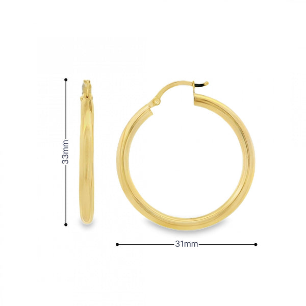 9ct Yellow Gold Tube Hoop Earrings - 31x33x3mm - 1.5g
