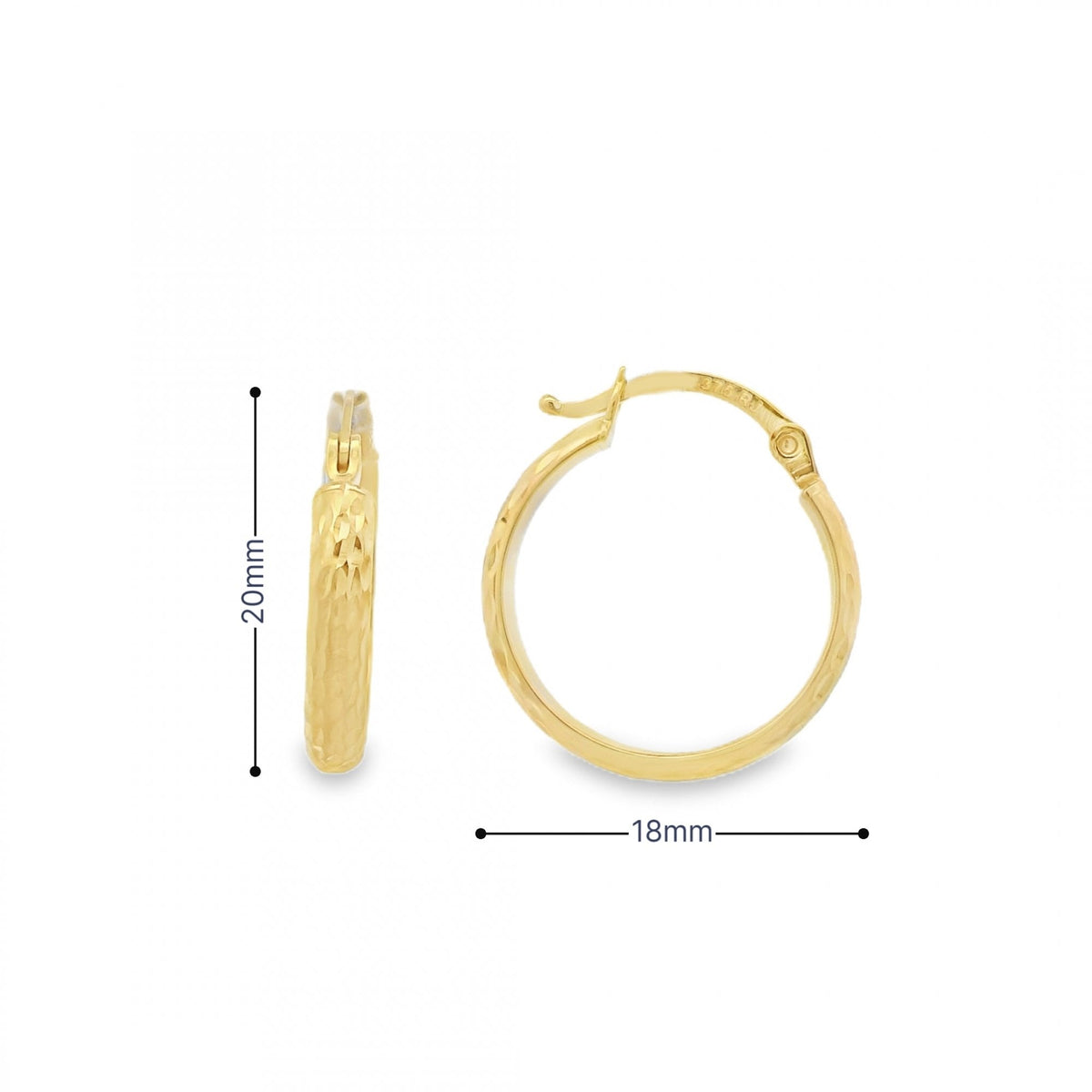 9ct Yellow Gold Diamond-Cut D-Shape Hoop Earrings -18x20mm -1.2g