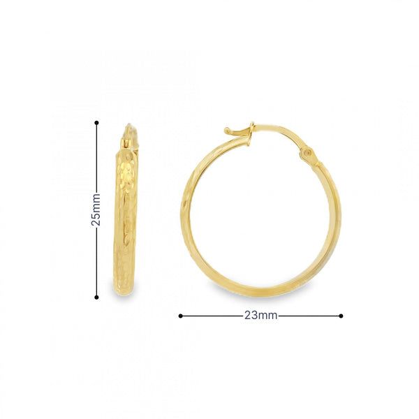 9ct Yellow Gold Diamond-Cut D-Shape Hoop Earrings -23x25mm -1.5g