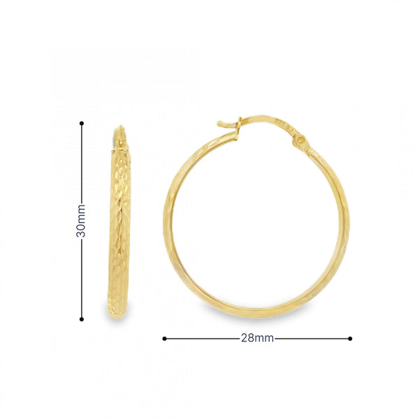 9ct Yellow Gold Diamond-Cut D-Shape Hoop Earrings -28x30mm -2.0g