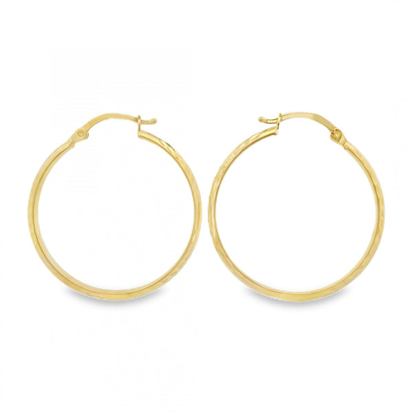 9ct Yellow Gold Diamond-Cut D-Shape Hoop Earrings -28x30mm -2.0g