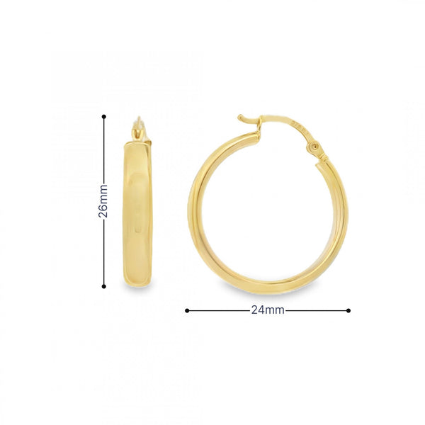9ct Yellow Gold Court Hoop Earrings - 24x26x4mm - 1.6g