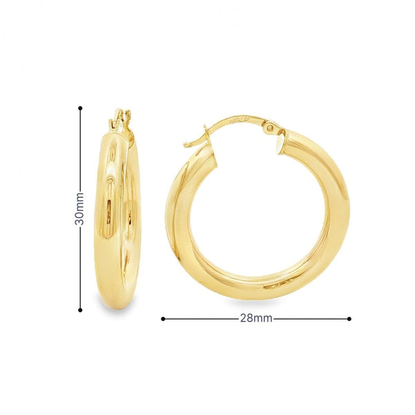 9ct Yellow Gold Tube Hoop Earrings - 28x30x4mm - 2.3g