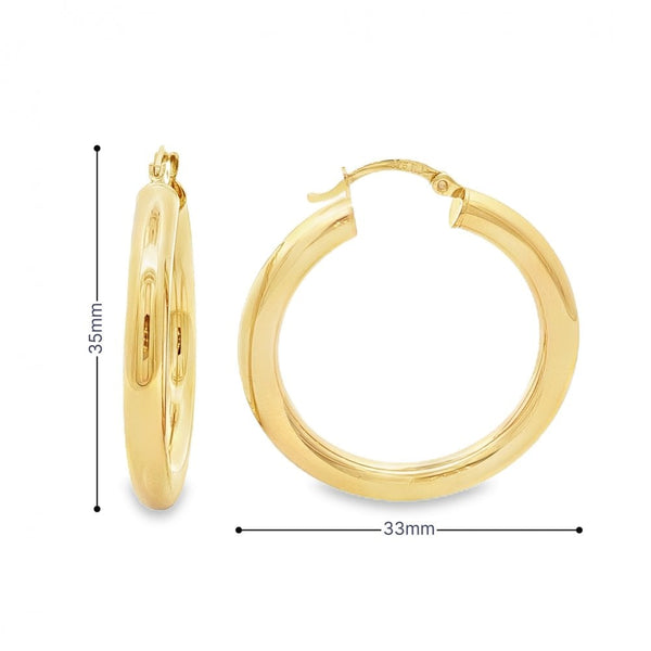 9ct Yellow Gold Tube Hoop Earrings - 33x35x4mm - 2.6g