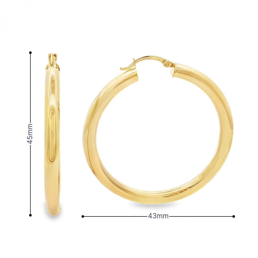 9ct Yellow Gold Tube Hoop Earrings - 43x45x4mm - 3.5g