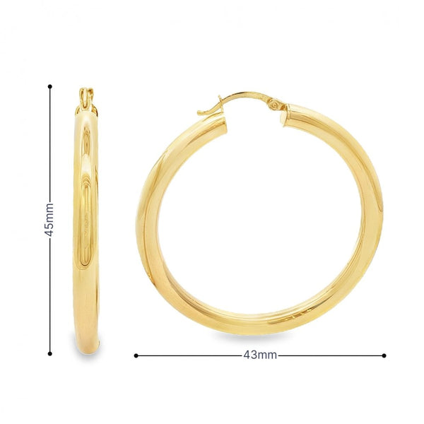9ct Yellow Gold Tube Hoop Earrings - 43x45x4mm - 3.5g
