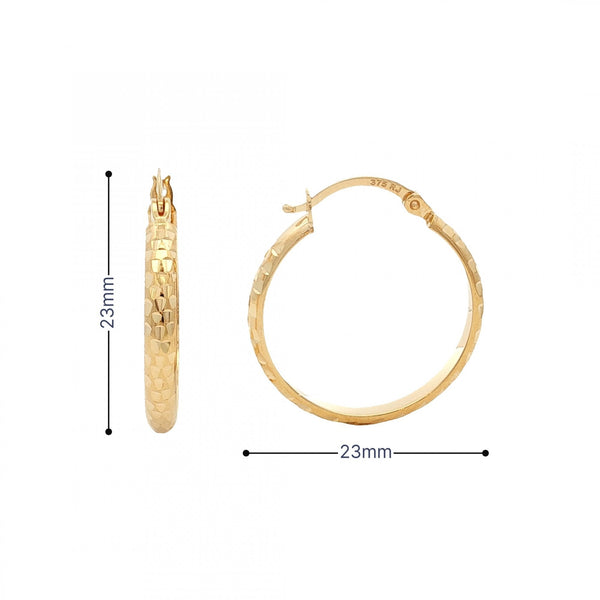 9ct Yellow Gold Diamond-Cut Hoop Earrings - 23x23mm - 1.9g