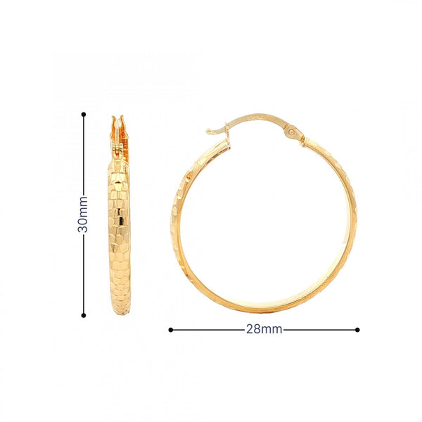 9ct Yellow Gold Diamond-Cut Hoop Earrings - 28x30mm - 2.3g