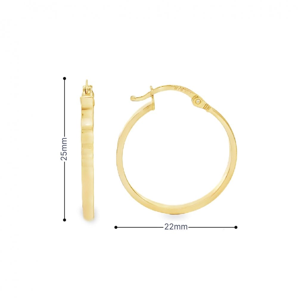 9ct Yellow Gold Flat Hoop Earrings - 22x25x2.5mm - 1.4g