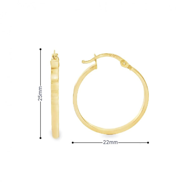 9ct Yellow Gold Flat Hoop Earrings - 22x25x2.5mm - 1.4g