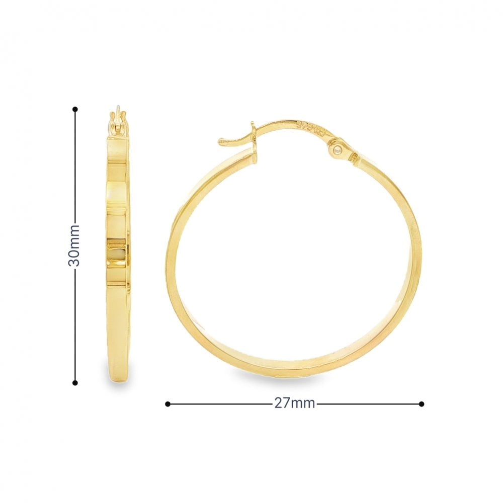 9ct Yellow Gold Flat Hoop Earrings - 27x30x2.5mm - 1.7g