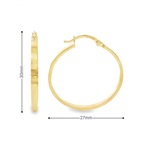 9ct Yellow Gold Flat Hoop Earrings - 27x30x2.5mm - 1.7g