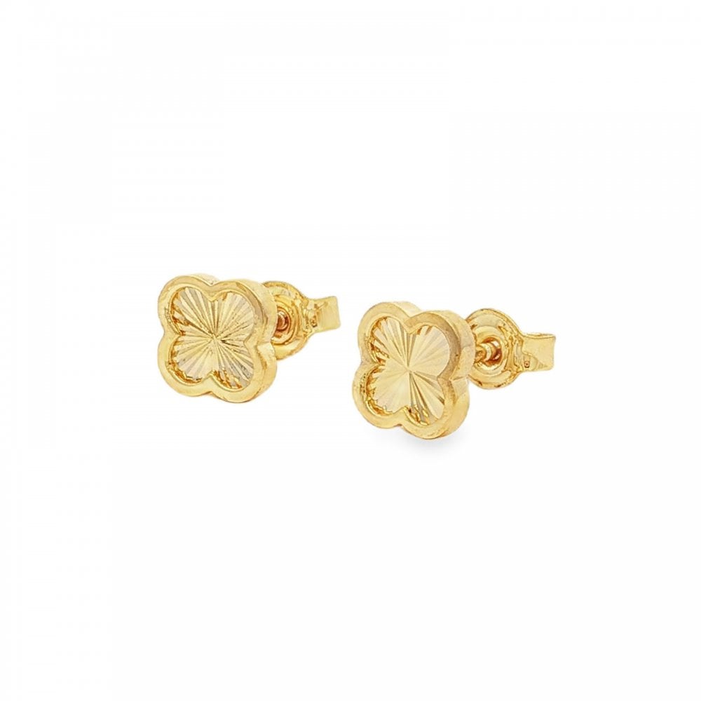 9ct Yellow Gold Sunburst Clover Stud Earrings - 7x7mm - 1.3g