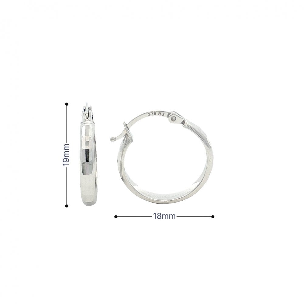 9ct White Gold Faceted Hoop Earrings - 18x19x3mm - 1.5g