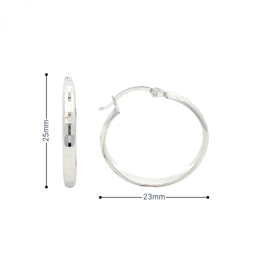 9ct White Gold Faceted Hoop Earrings - 23x25x3mm - 1.9g