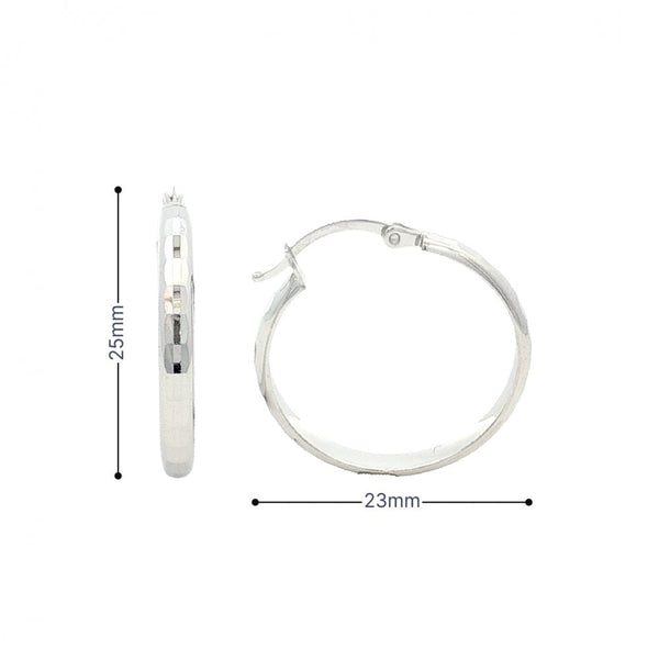 9ct White Gold Faceted Hoop Earrings - 23x25x3mm - 1.9g