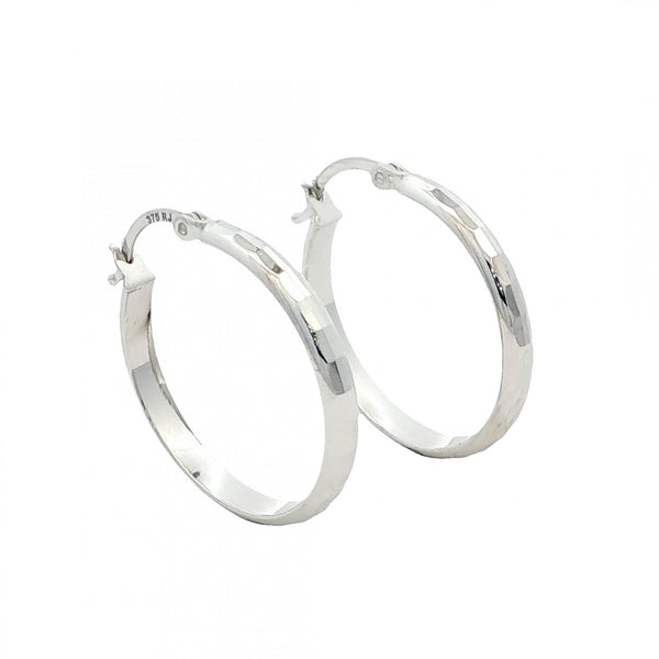 9ct White Gold Faceted Hoop Earrings - 23x25x3mm - 1.9g